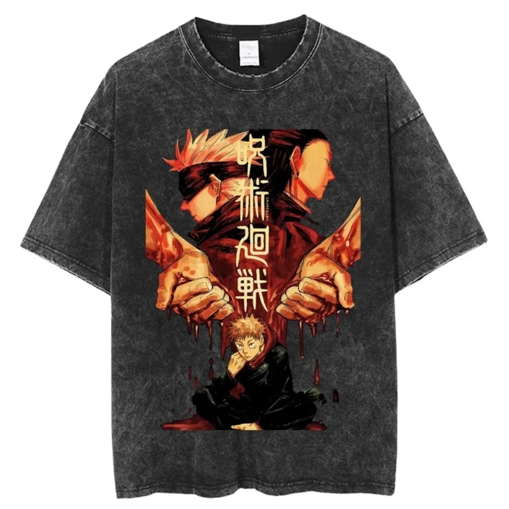 

T-shirts for Men Anime Washed Spell Return To Battle Jujutsu Kaisen Gojo Satoru 100% Cotton Five-man Retro Washed Men's Clothing