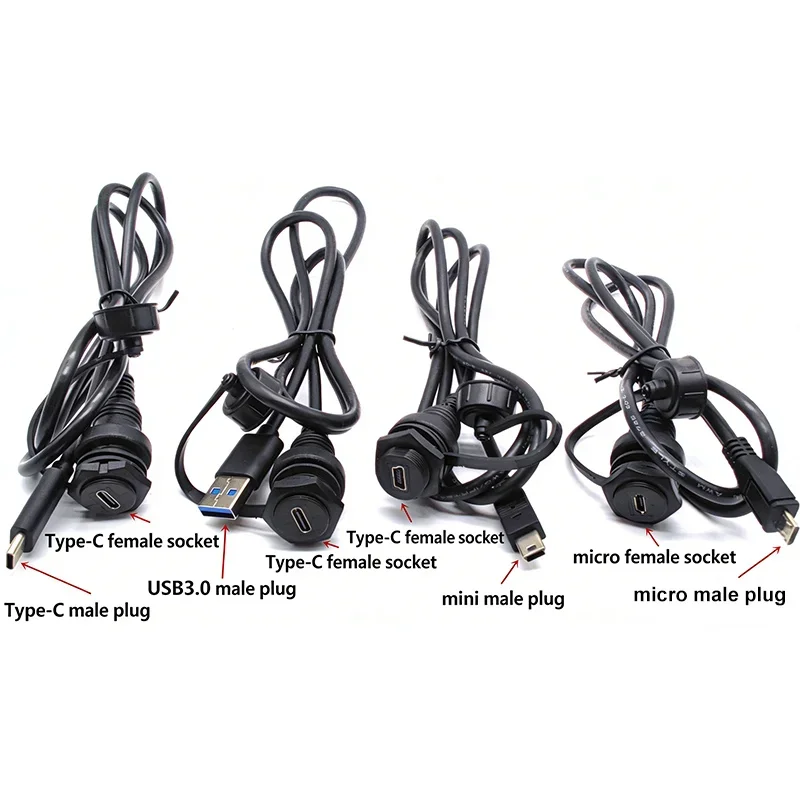 M15 Type-C USB Waterproof Connector Micro Mini Male To FemlaeData Signal Extension Cable C-type 2.0 3.0 M15 Panel Socket 30cm