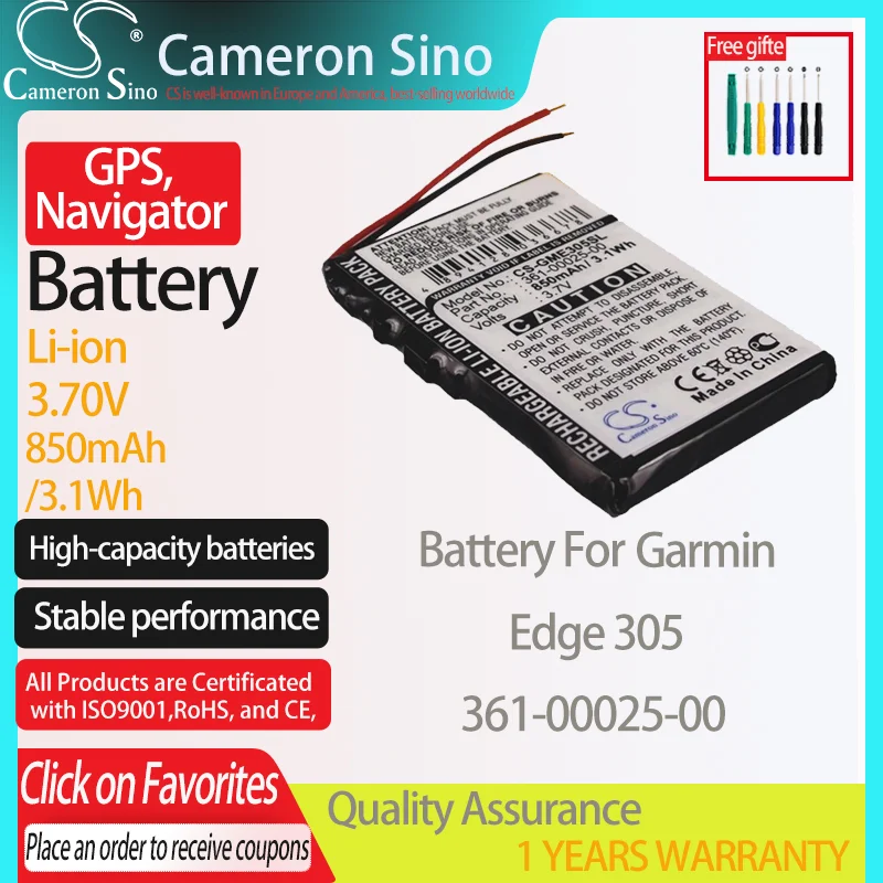 CameronSino Battery for Garmin Edge 305 fits Garmin 361-00025-00 GPS, Navigator battery 850mAh/3.1Wh 3.70V Li-ion Black