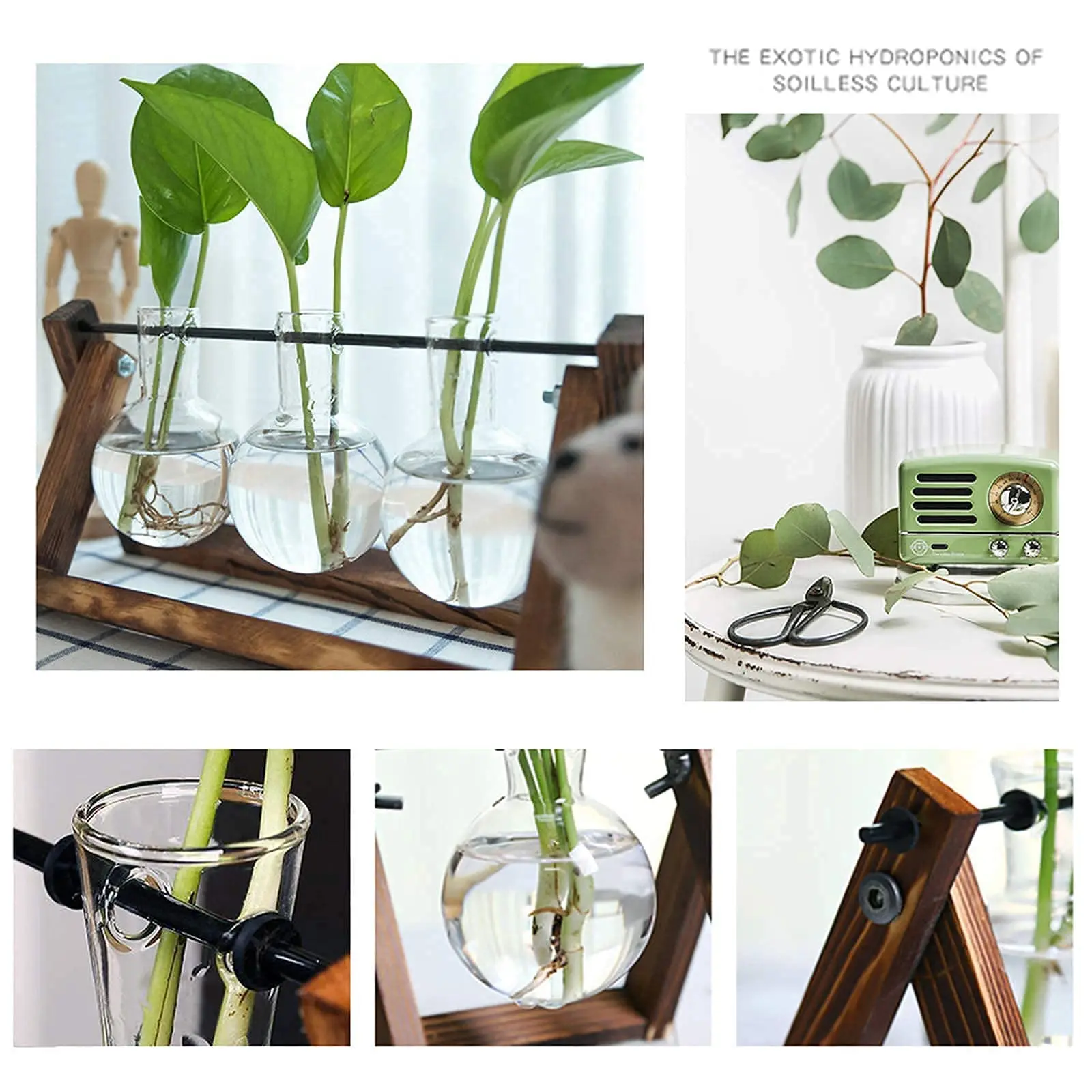 Terrarium Hydroponic Plant Vases with Wooden Stand Indoor Vintage Plant Flower Pot for Home Office Tabletop Desktop Decor