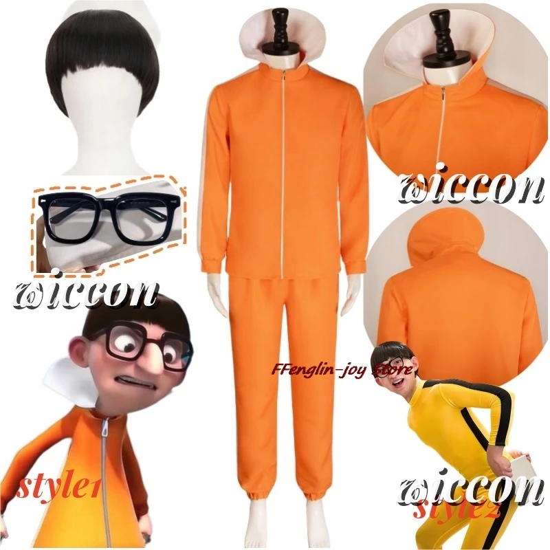 Movie Vector Cosplay Costume Orange Jakect Pant Outfits Set Mushroom-shaped  Wig Halloween Fancy Suit Party Suit