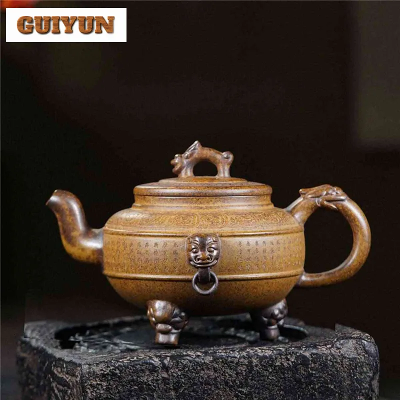 420ml Yixing Purple Clay Teapots Handmade Tripodia Tripod Pot Raw Ore Dragon Kiln Wood Burning Mud Tea Maker Kettle Zisha Teaset