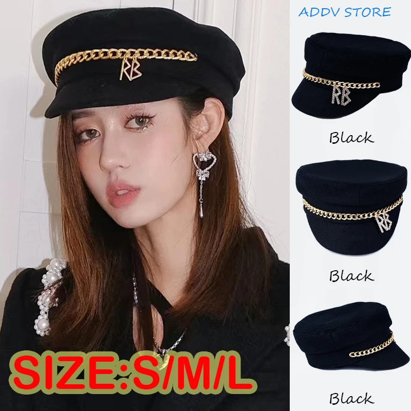 

S/M/L Newsboy Caps Silver Gold Rings Pearl Letter Military Hats for Women Men Flat Visor Cap Baker Boy Beret with Chain Gorros