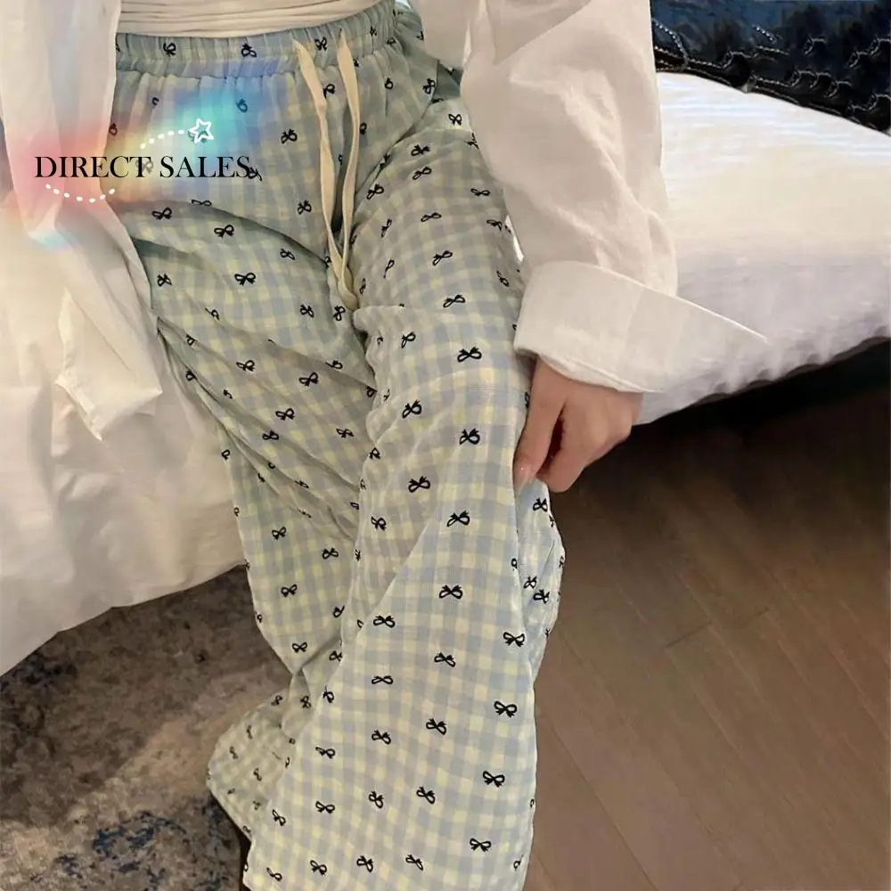 

Удобные пижамные штаны в клетку с бантом в полоску, длинные брюки с милым бантом и сеткой, домашняя одежда, повседневные брюки для дома и улицы, весна-осень
