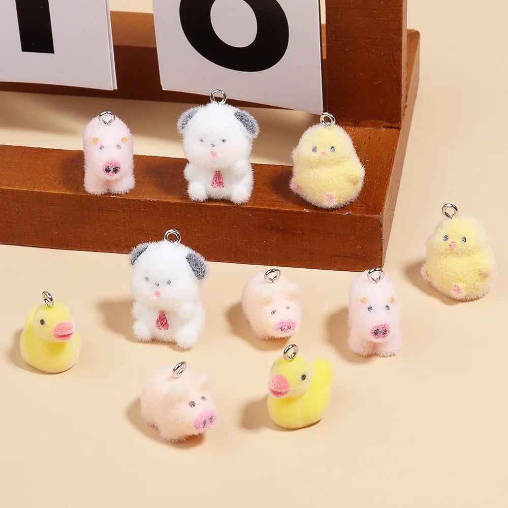 30Pcs 3D Cute Flocked Chicken Charms Cartoon Animal Duck Pig Pendant  Earring Keychain Accessories for DIY Crafts Jewelry Make