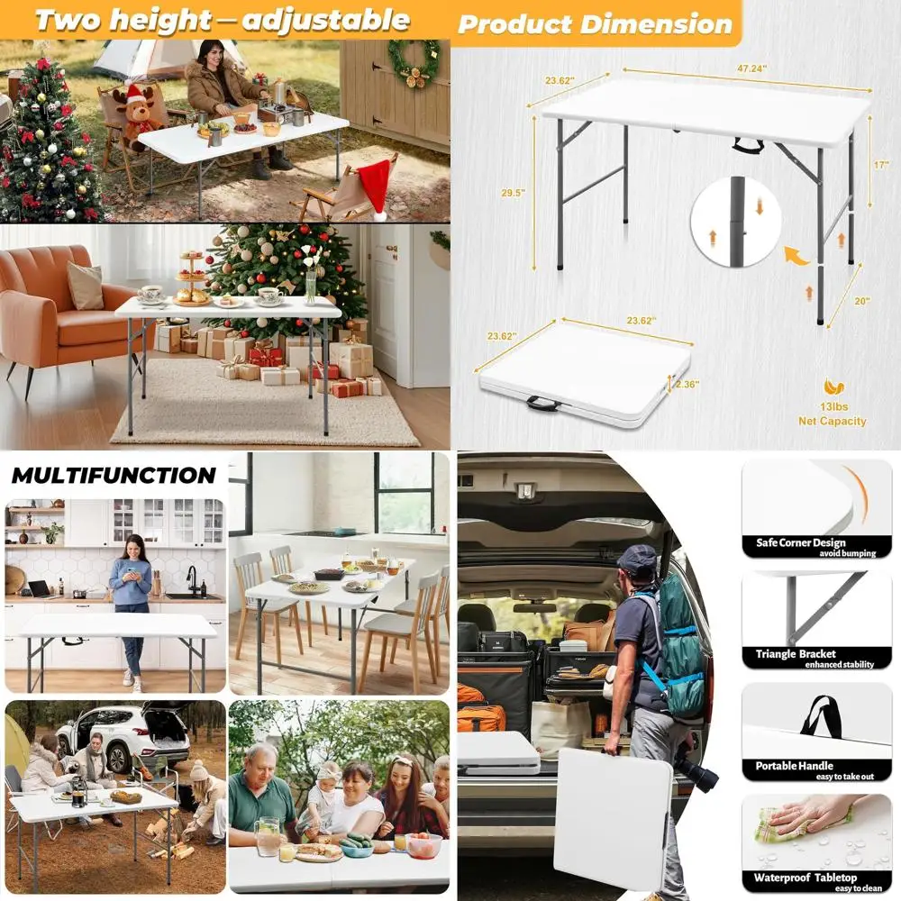 Compact 4ft Folding Table, White Plastic Outdoor/Indoor Dining, Portable Utility Table for Camping, Picnics, Parties