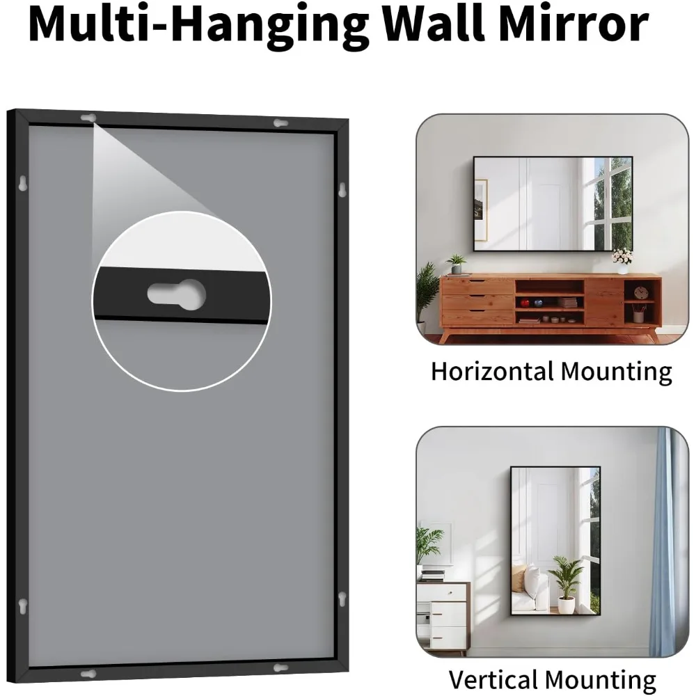 مرآة حمام من الزجاج المقسى المقاوم للكسر، 30 × 50، عالية الدقة بدون تشويه، إطار حديث غير لامع، خيار تركيب أفقي أو عمودي