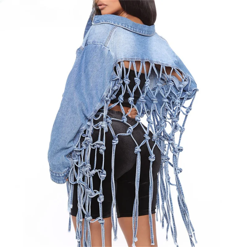 

Fashion Denim Jacket Women Autumn 2024 New Fit Crop Tops Back Grid Hollow Out Tassel Design Long Sleeve Jeans Coat Streetwear