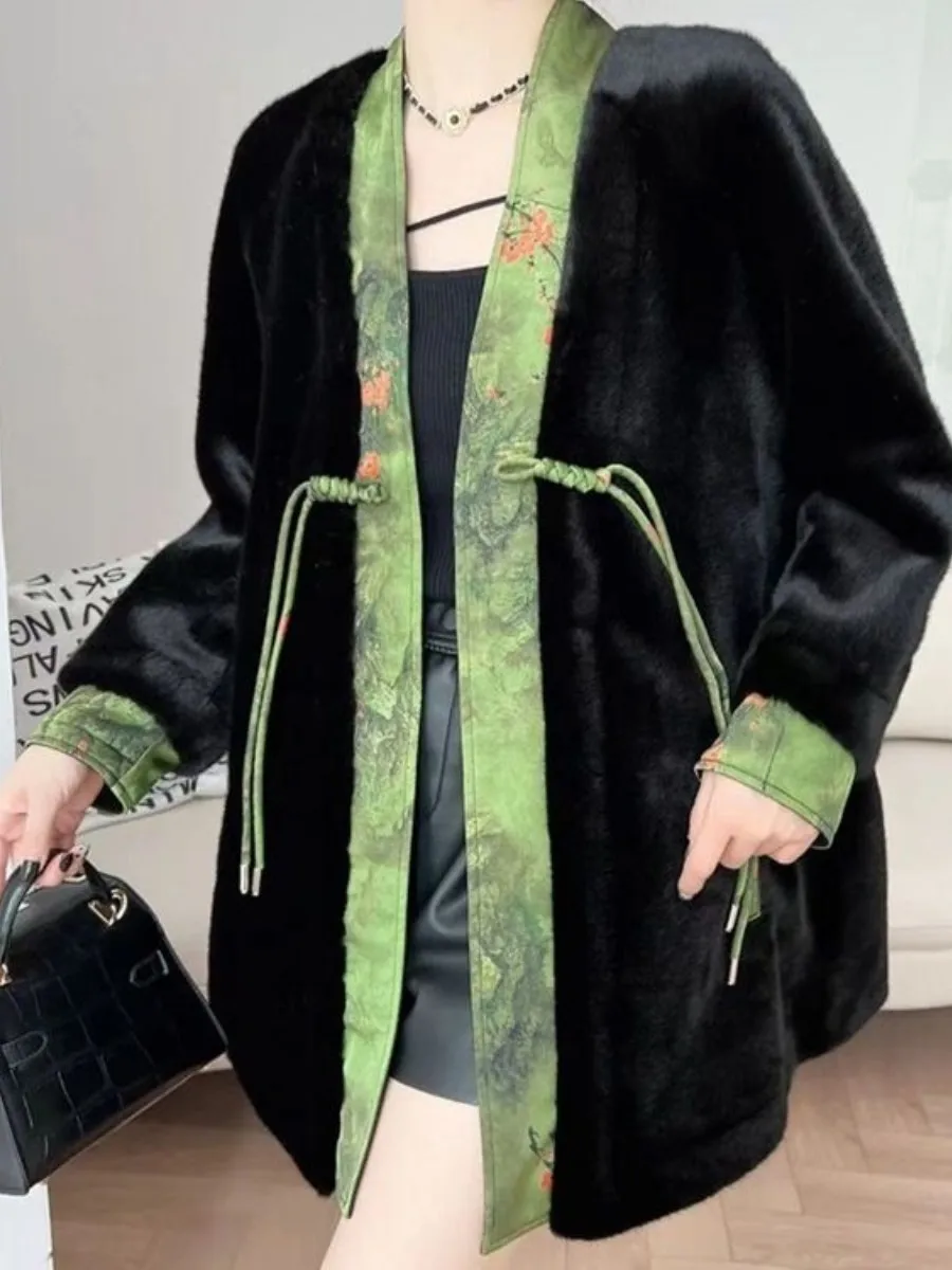 

New Chinese Style Women's Fur Coat Autumn Winter Thickened Gold Simulated Large Coat Knee Protection Health Ring Female Outer...