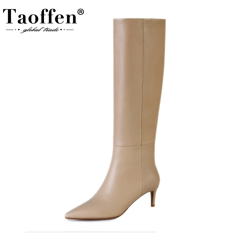 Taoffen Size 33-43 Women Genuine Leather Knee High Boots Pointed Toe Thin Heel Slip On Party Club Winter Ladies Footwear