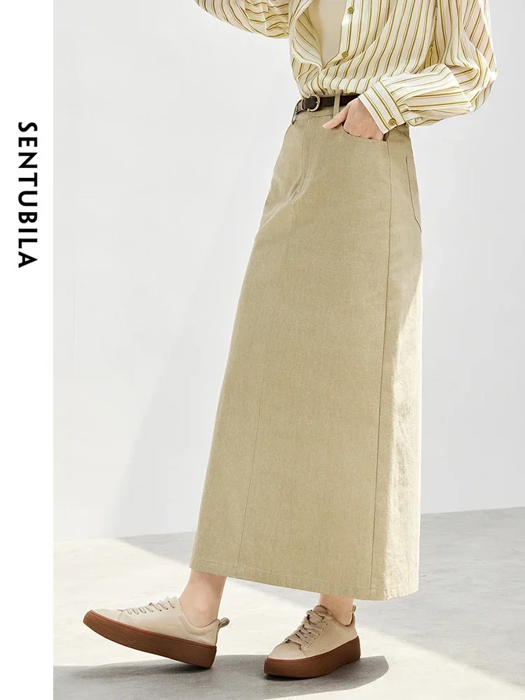 

SENTUBILA Women 100% Cotton Denim Skirt 2024 Autumn Straight Slit-hem Classic Solid Simple Long Skirt 143Q56392