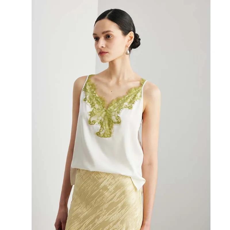 Women Real Mulberry Silk Camisole 2026 New Summer Eyelash Lace V Neck Spaghetti Strap Tank Top Office Layering Satin Vest Blouse