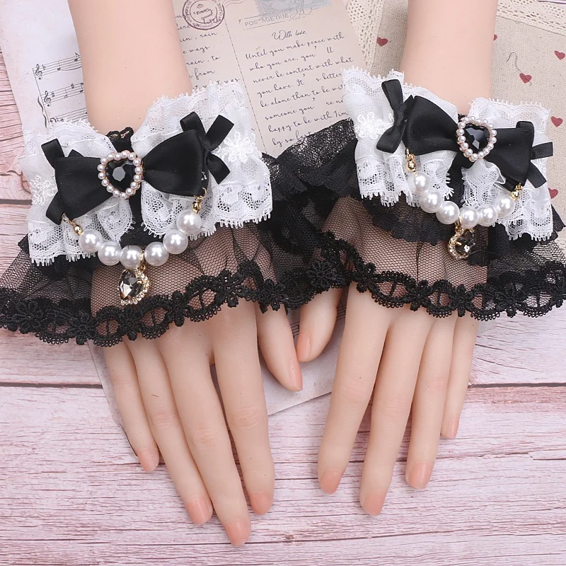 

Kawaii Women Girls Hand Sleeves Handmade Japanese Sweet Cute Lolita Accessories Bow Lace Beaded Hand Sleeves Soft Girl Gloves