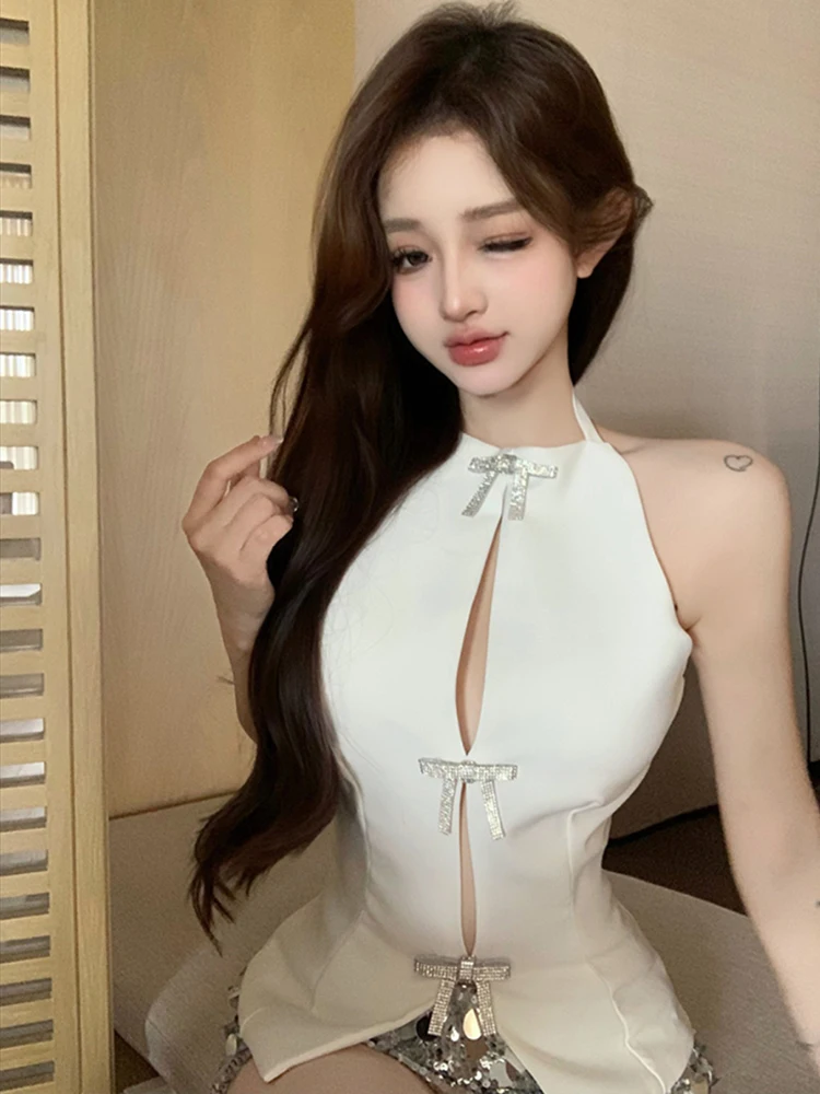 

Elegant Rhinestones Bow Halter Vest Women Sleeveless Backless Hollow Out Lace Up Female Tops 2024 Summer Fashion Lady Sling Top