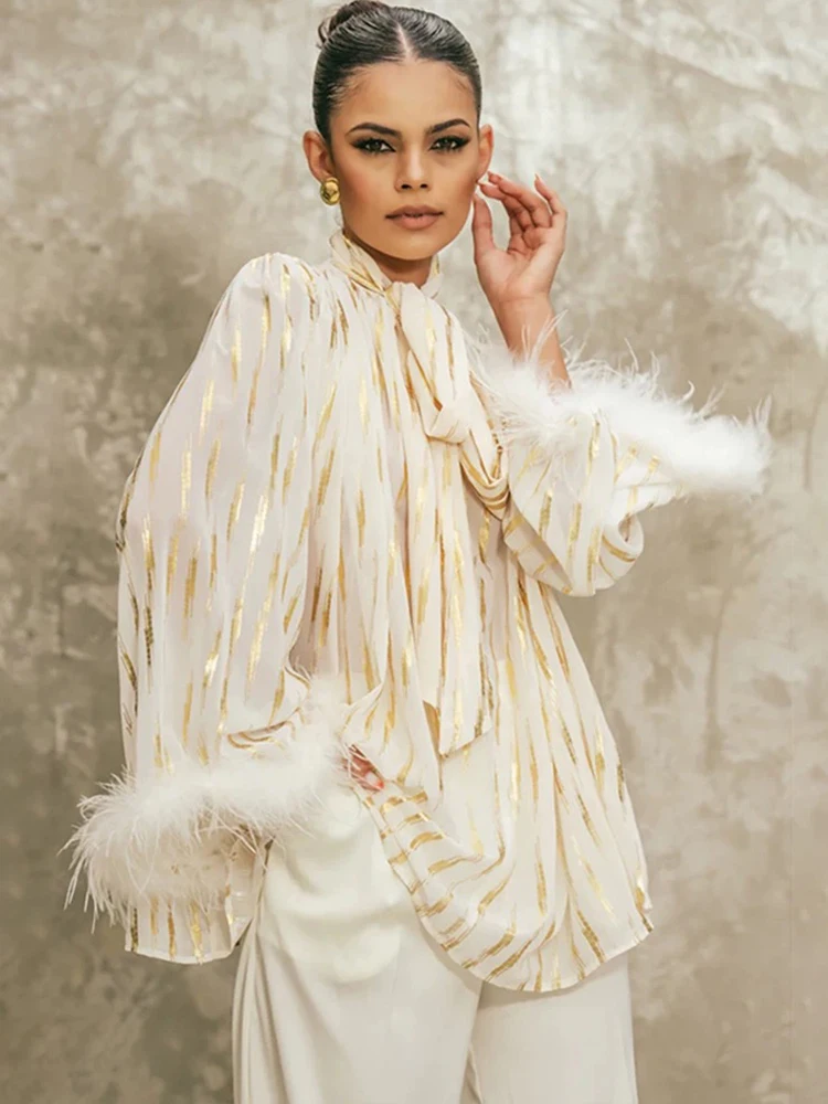 High-grade ostrich feather splicing trumpet sleeve bow tie loose shirt autumn 2025 new fashion Joker temperament blouse