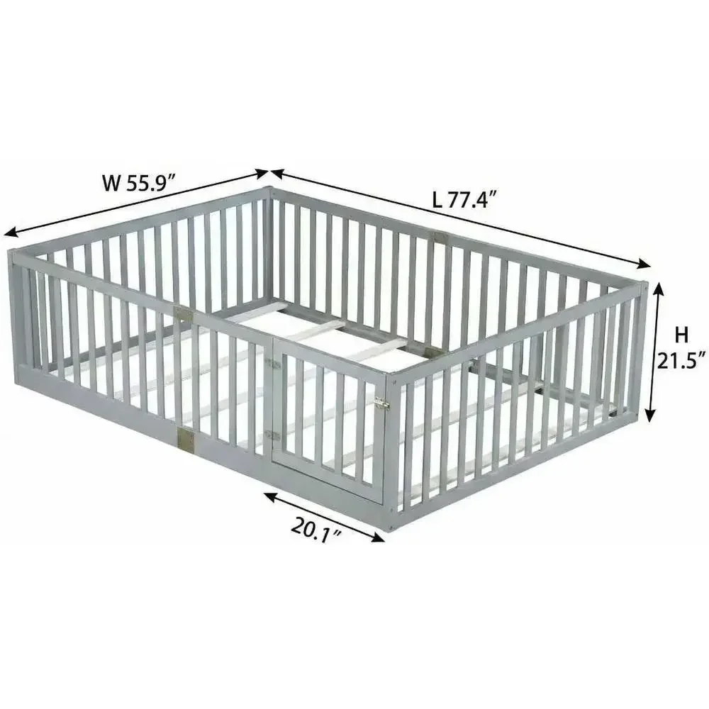 Mid-Size Kids Bed with 21.5 High Side Rails, Solid Rubber Wood, Low Profile, 6 Slats, Grey, No Box Spring Needed