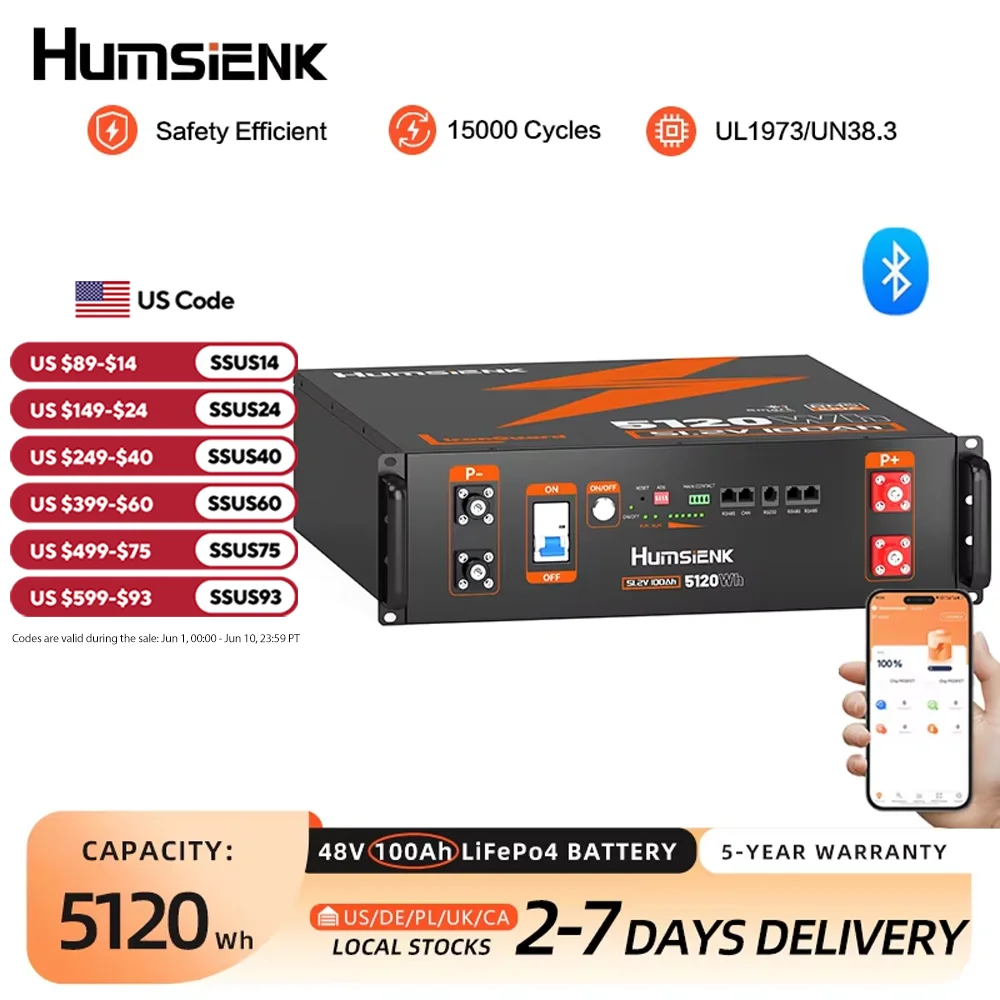 Humsienk 48V 100Ah LiFePO4 Server Rack Battery with Bluetooth and BMS