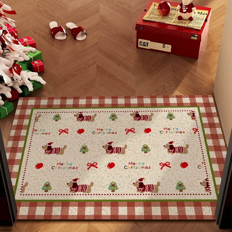 VIKAMA Christmas Cute Sausage Dog Grid Border Christmas Printed Carpet, Dustproof And Anti Slip Entrance Mat Home Decoration