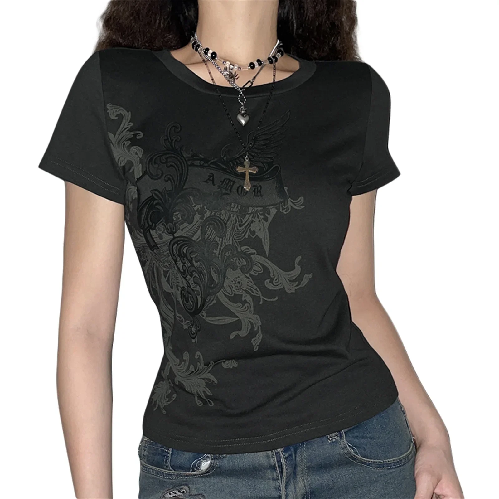 Women Gothic Style Short Sleeve T-shirt with Slim-fit featuring Contrast Color Floral Print and Round Neck Pullover Design