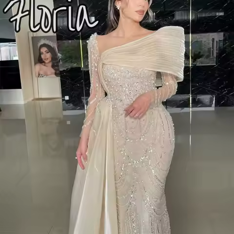 Luxury Nude Crystal Mermaid Evening Dress with Overskirt Long Sleeves Dubai Arabic Wedding Prom Gowns فساتين سهرة