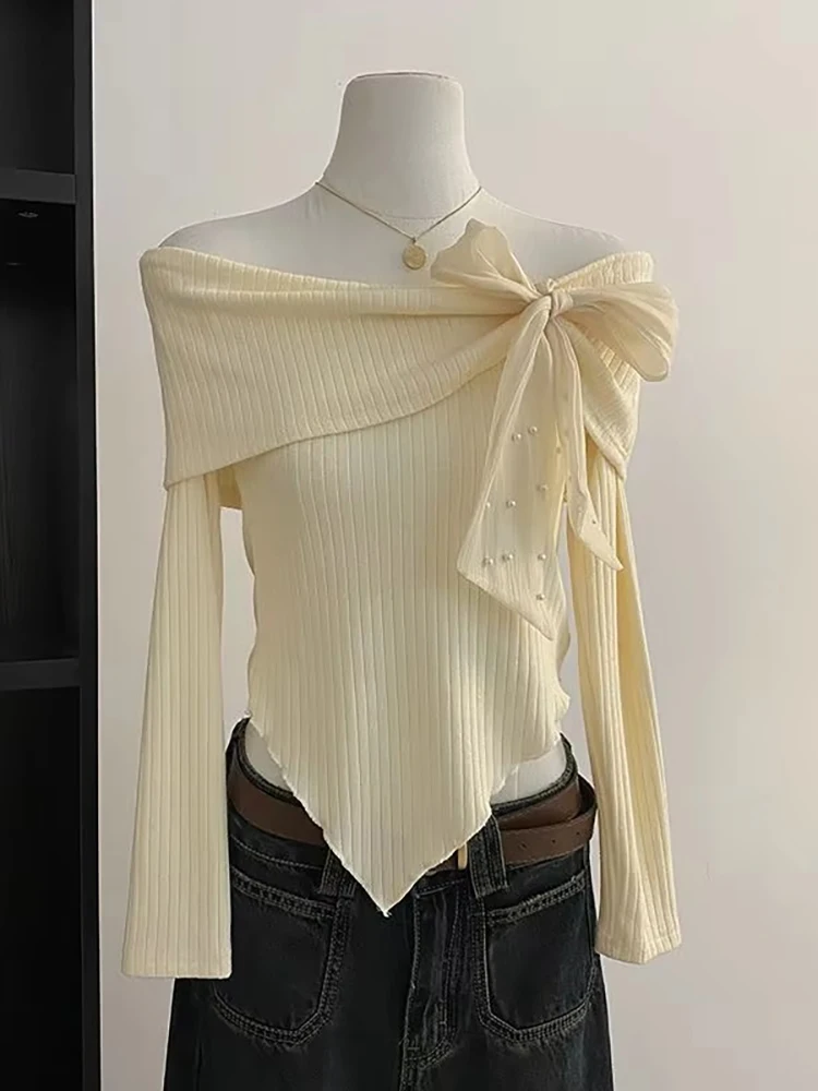 Bow Tied Off shoulder Knitted Long sleeve T shirt Women Youth Elegant Tight Basic Top Sweet Korean Fashion Female Tees 2024 New