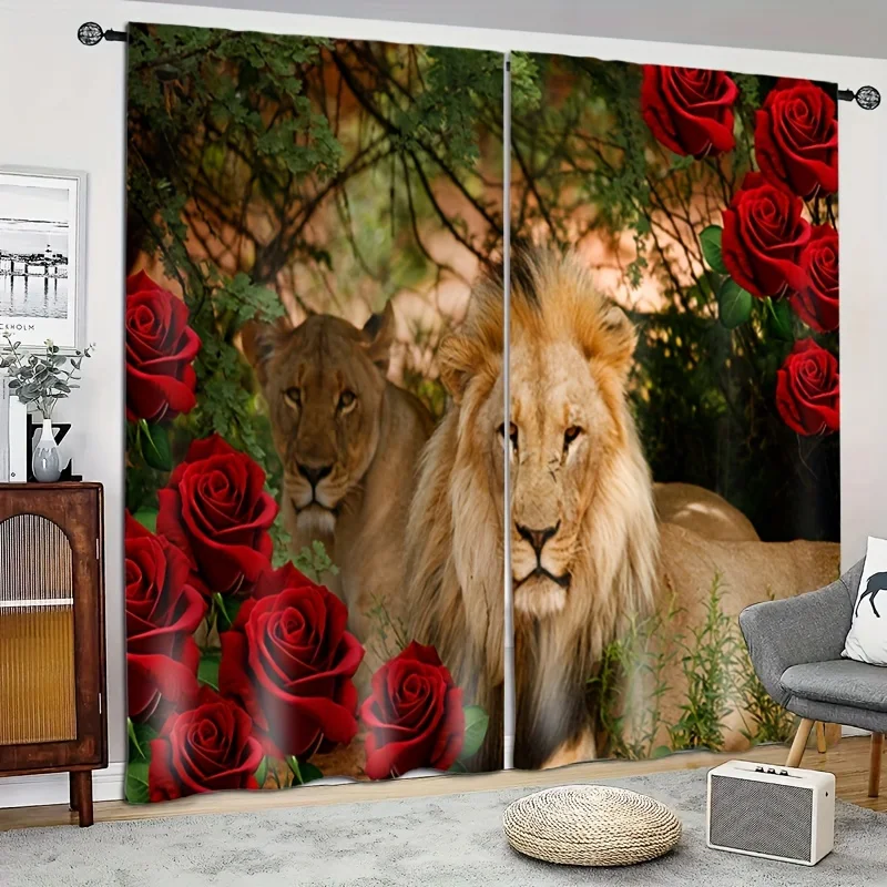 

2pcs Elegant Lions And Romantic Rose Print Curtains For Home Decor For Bedroom Office Kitchen Living Room Study Decor Rod Pocket