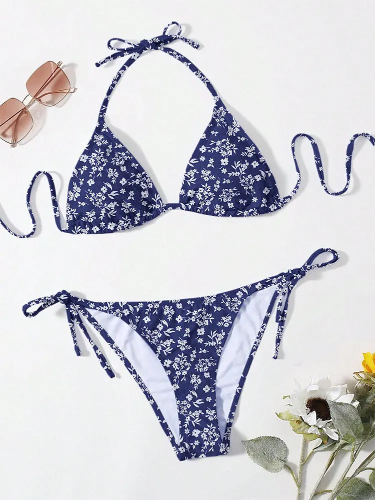Sexy Bikini Set Bathing Suit Women 2024 New Lace Up Neck Swimsuit Fragmented Flower Beach Swimsuit Beach Bikini Swimsuit
