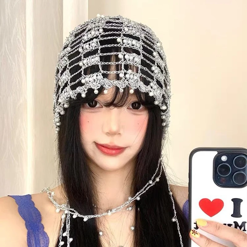 

Trendy Handmade Chain Beaded Design Hollow Pullover Hats For Women Summer Autumn Personality Versatile Retro Punk Niche Beanies