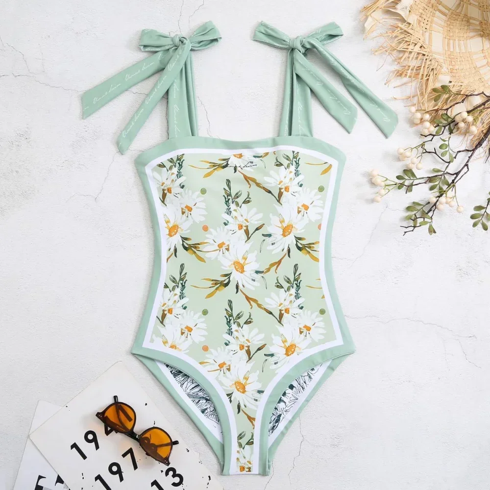 New Vintage Printed Double-sided Wear One Piece Swimsuit Swimwear Bandage Swimming Bathing Suit Women Sexy Beachwear Woman