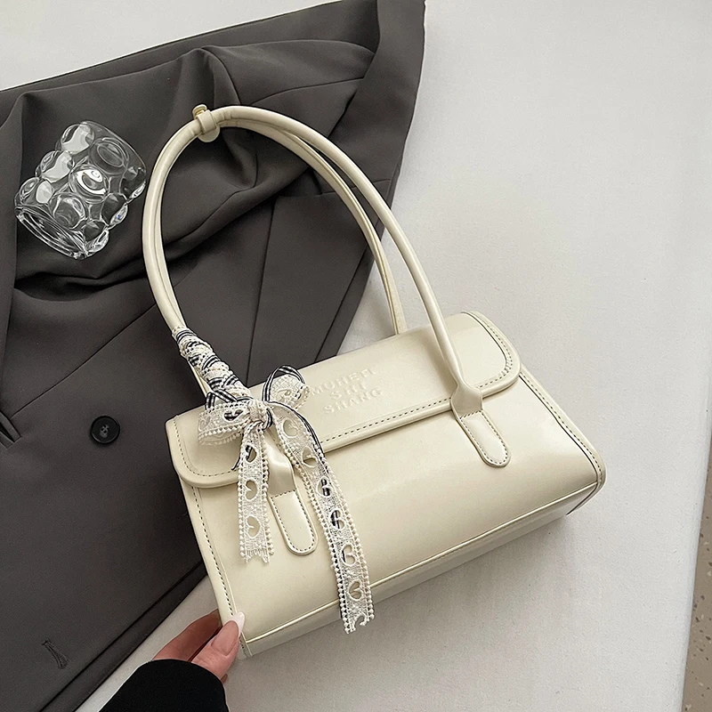 

Women's Cream White Leather Handbag Silk Scarf Bow Decor Minimalist Elegant Commuter Shoulder Bag Fashion Daily Tote Bag 2026