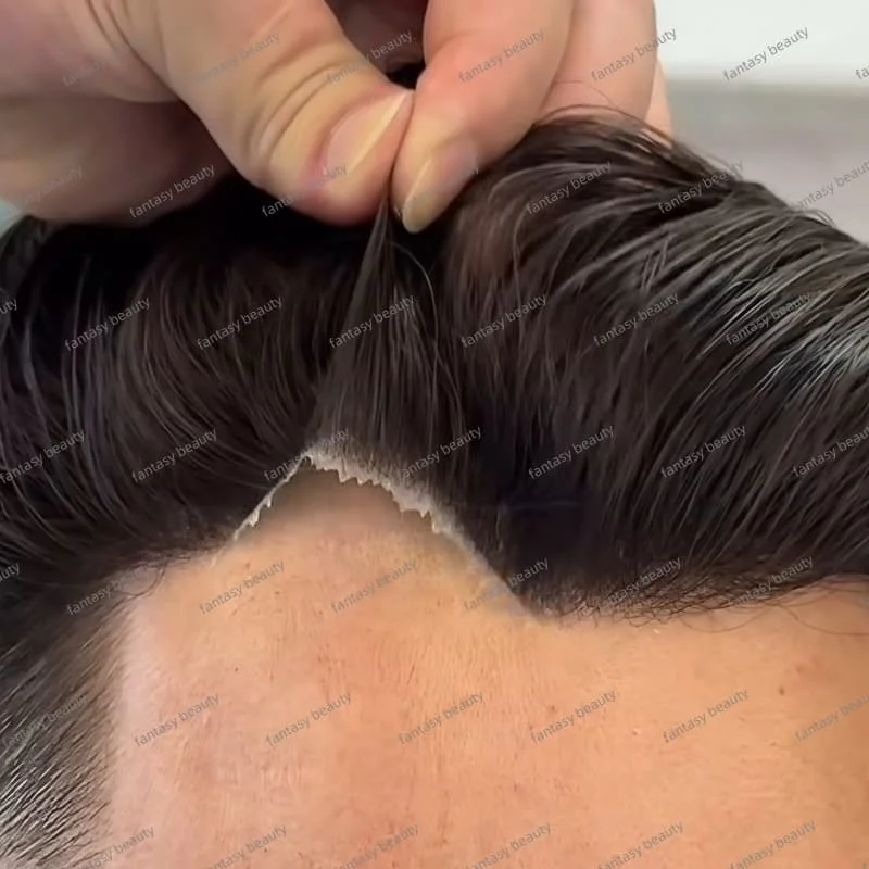 الرجال الشعرية الاصطناعية 100% الكثافة عقدة مزدوجة 0.02-0.03 مللي متر كامل بو قاعدة رقيقة الجلد الرجال الشعر المستعار 100% رجل أوروبي الشعر البشري