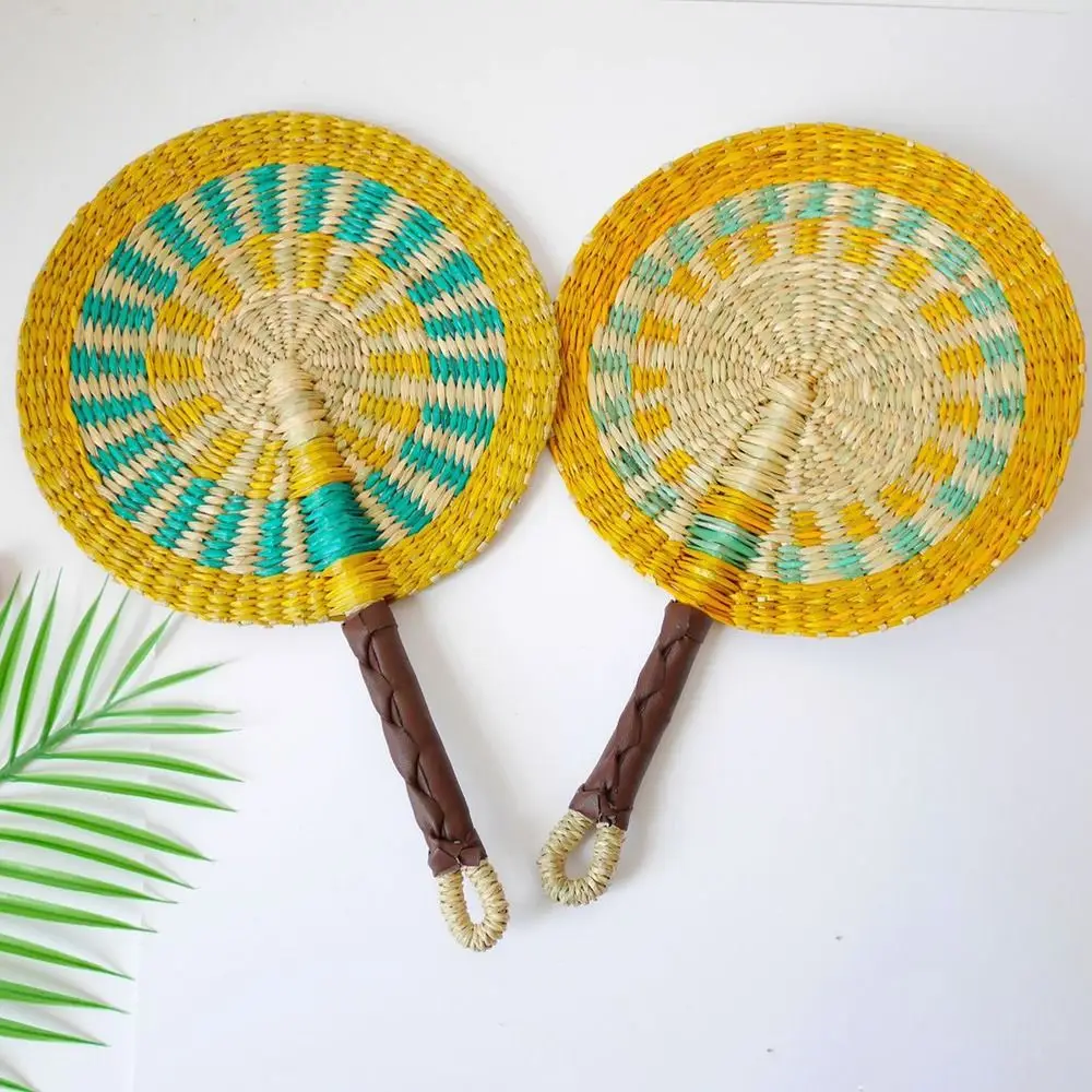 

Colorful Striped Patterns Seagrass Woven Fan Bohemian Vintage Cattail Fan Anti-Mosquito Portable Decorative Handheld Fans
