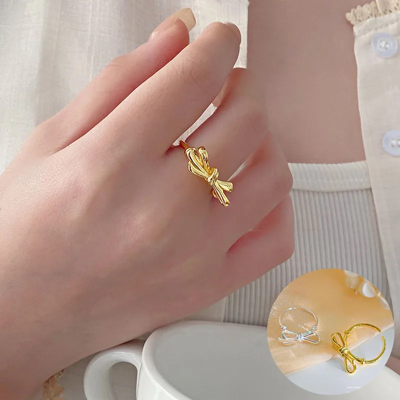 

100% 925 Sterling Silver Bowknot Open Ring for Woman Girl Simple Smooth Hollow Out Design Jewelry Party Gift Dropshipping