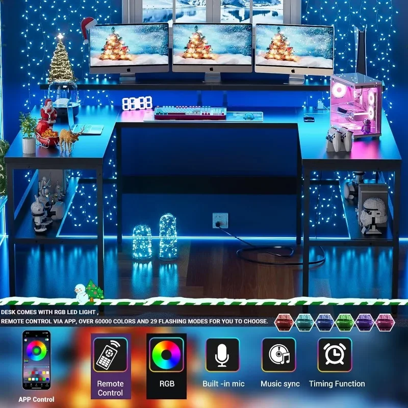 U Shaped Computer Desk, Customizable L Shaped Office Desk , Large Reversible Gaming Desk with Storage Shelves