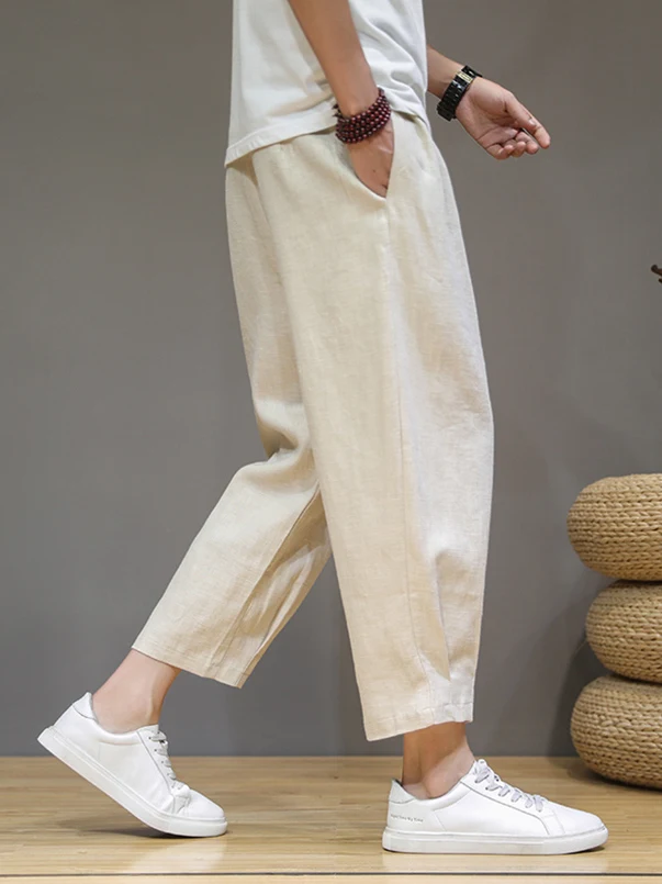 

Мужские летние повседневные брюки из хлопка и льна Millet White: свободные, прямые, длиной 7/8, дышащие, с эффектом драпировки