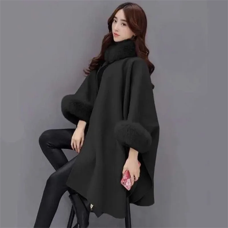 Hepburn Wind Woolen Women's Autumn and Winter Mid length Thickened Woolen Coat Imitation Rabbit Hair Collar Women's Clothing Clo