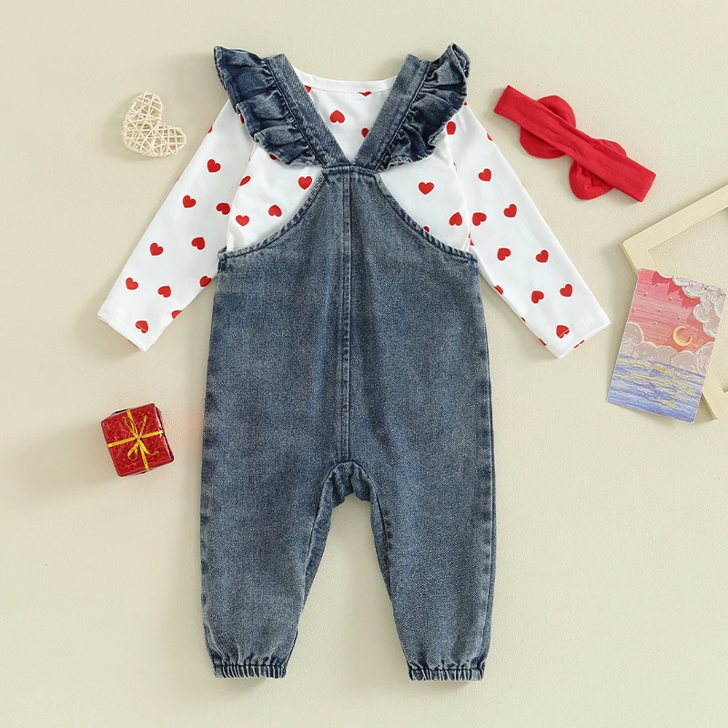 Baby Girl Clothes Heart Long Sleeve Romper Embroidery Bear Denim Overalls Jumpsuit Headband Valentine s Day Outfit