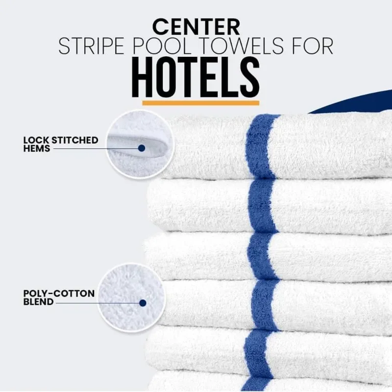 Blue Center Stripe 120 Bulk Towels (22x44)– Economical Soft & Absorbent Bulk Pool Towels for Hotels - Lightweight & Quick Drying
