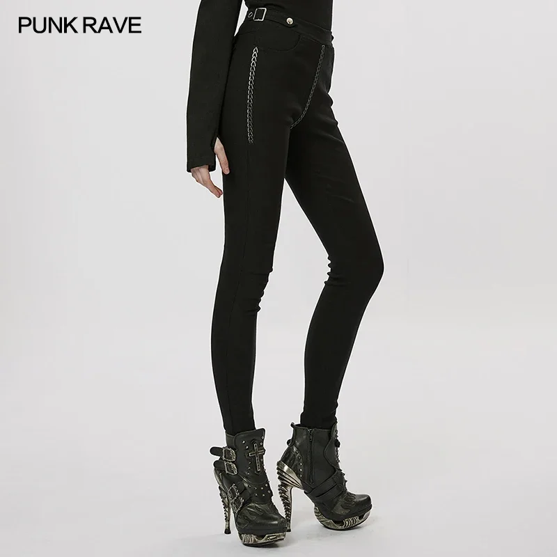 PUNK RAVE Women's Handsome Military Uniform Pants Twill Washed Silver Chain Webbing for Decoration Women Trouser Streetwear