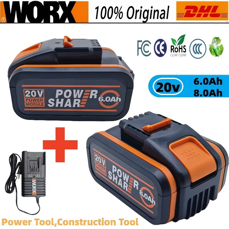 20V 6.0Ah 8.0Ah Rechargeable Lithium Battery Compatible Worx Power Drill Tools With Charger Free Memory Effect Design