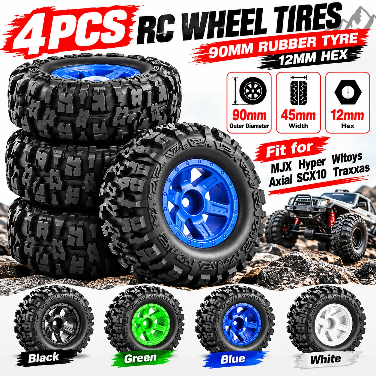 YSIDO Wheel Tires 90mm Rubber Tyre 12mm Hex For 1/14 1/16 1/18 RC Car MJX Hyper Wltoys Axial  ZD Racing Traxxas Upgrade Parts