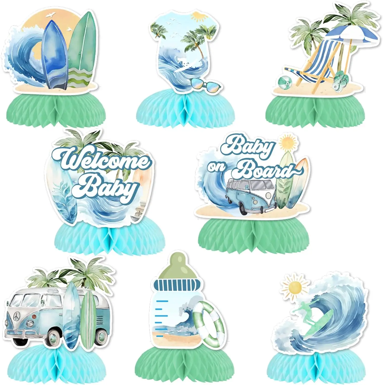 

Beach Honeycomb Centerpieces Baby on Board Table Decor Surfboard Summer Beach Ocean Surfing Baby Shower Party Supplies