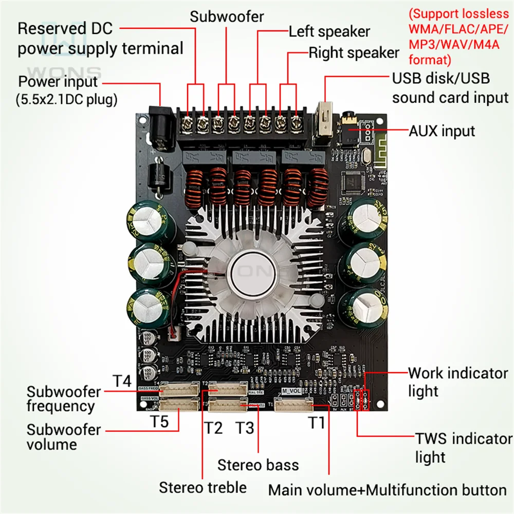 ZK-HT22  Lead Type Bluetooth Power Amplifier Module 2.1 Channel Tone Subwoofer Class D AMP for Speakers 160WX2+220W