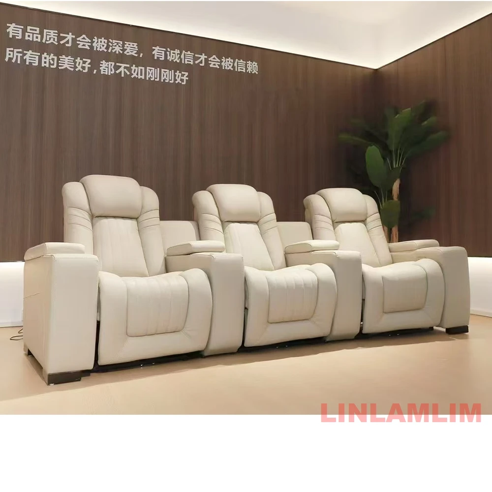 كرسي أريكة فاخر من الجلد الطبيعي للمسرح المنزلي، مقعد مستلق حديث يعمل بالطاقة الكهربائية مع مسند للقدمين وحاملات أكواب