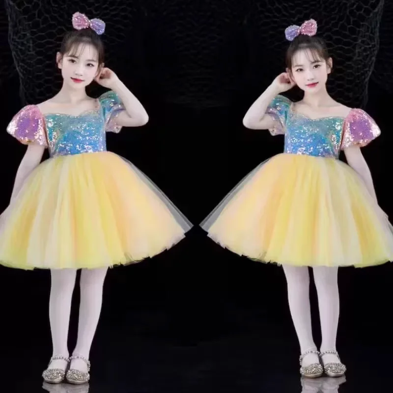 

Modern dance dress girls Children Kid Cheerleading costume yellow Sequin Stage Performance Costumes star dance costume girls