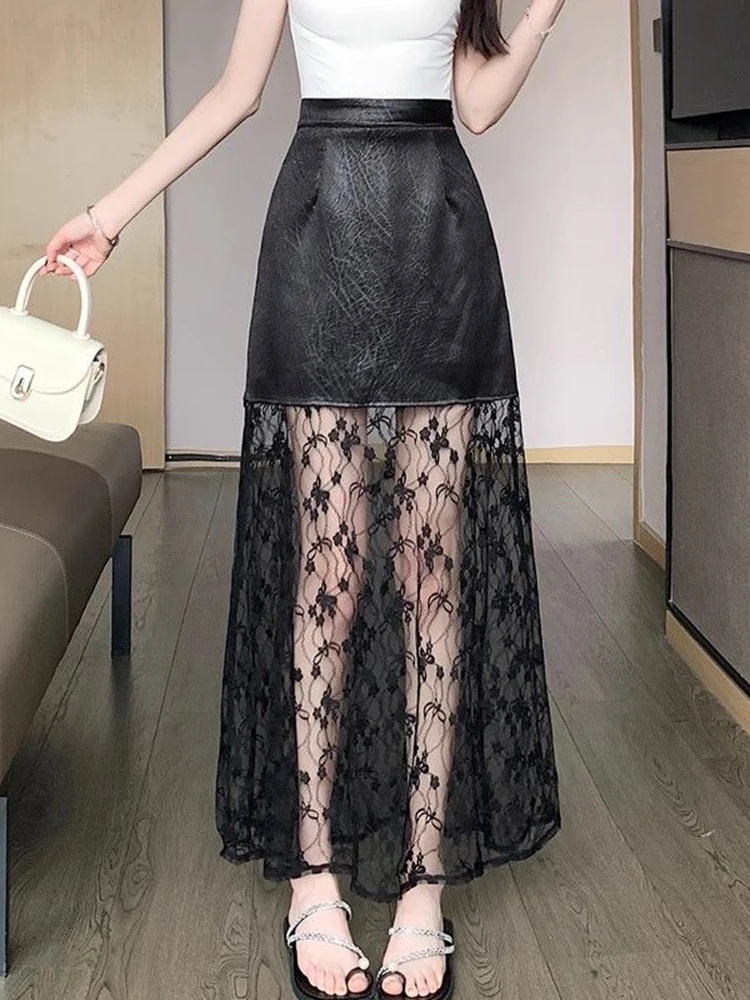 Jmprs Mesh Patchwork Long Skirt Elegant Women High Waist Slim Fashion Sweet Skirts Casual Summer Chic Female Print A Line Skirts