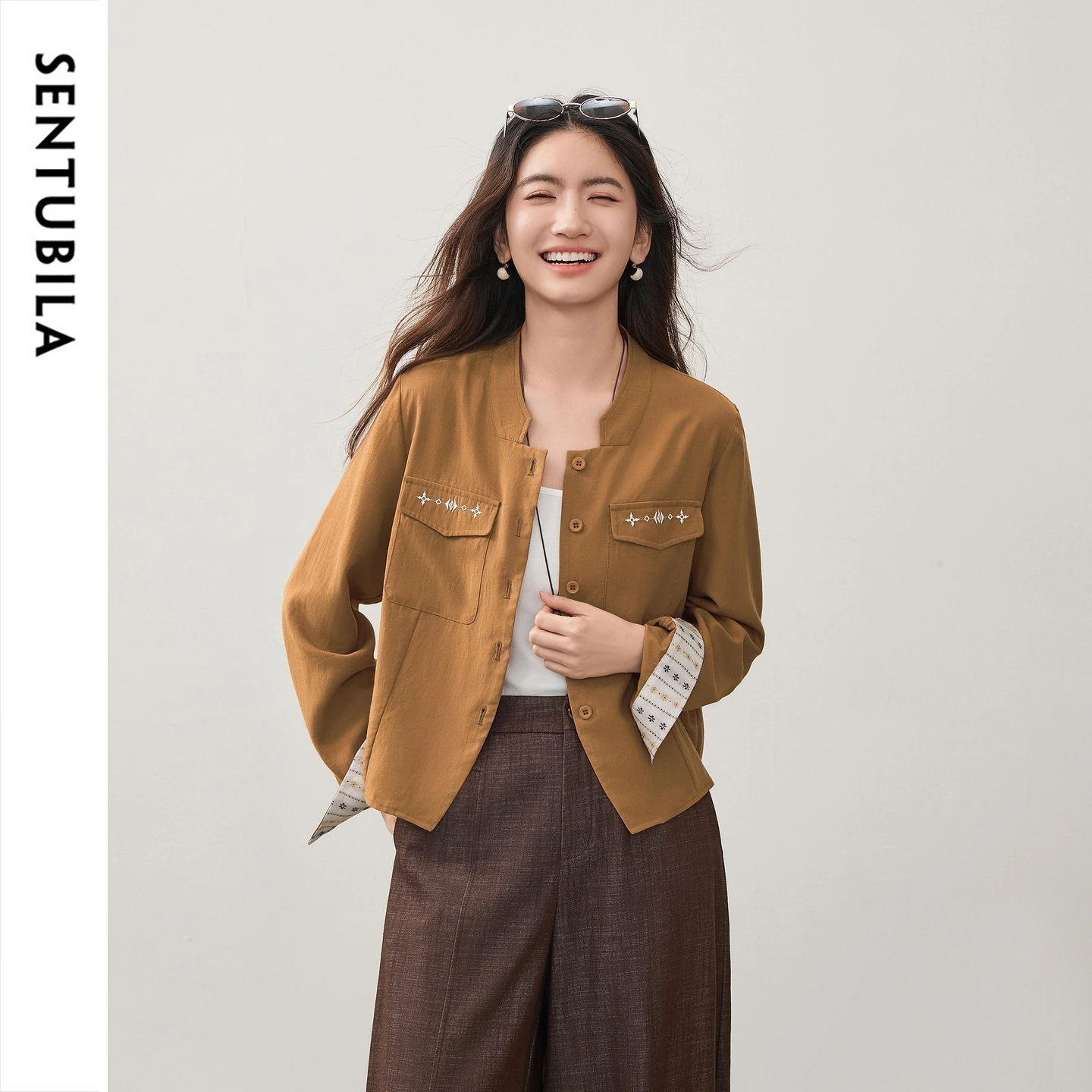 SENTUBILA Women Short Shirt Jacket 2026 Vintage Linen Lyocell Blend Color Block Embroidery Ladies Autumn Outerwear 163WB7807