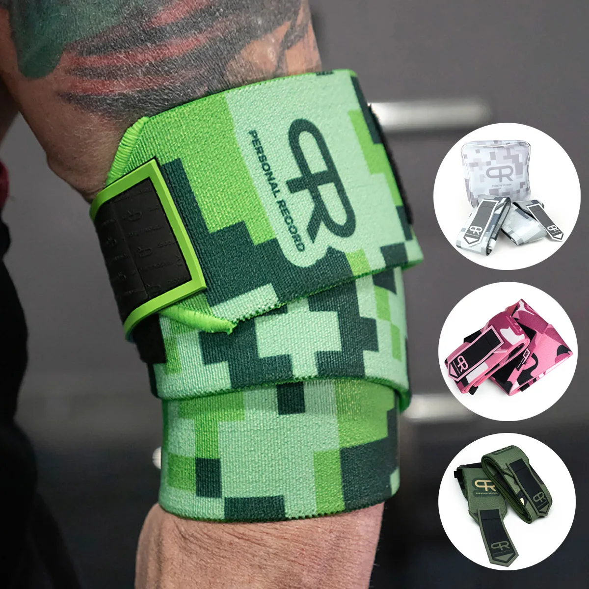 PR Heavy Duty Premium Elbow Wraps Personal Record Camouflage Mosaic Elbow Straps Weightlifting Deadlift Fitness Elbow Support