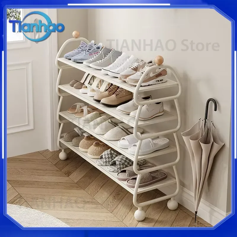 Cream Aesthetic Shoe Rack for Compact Entryway Storage Organizer Metal Slim Footwear Shelf for Home Apartment Kids Shoes