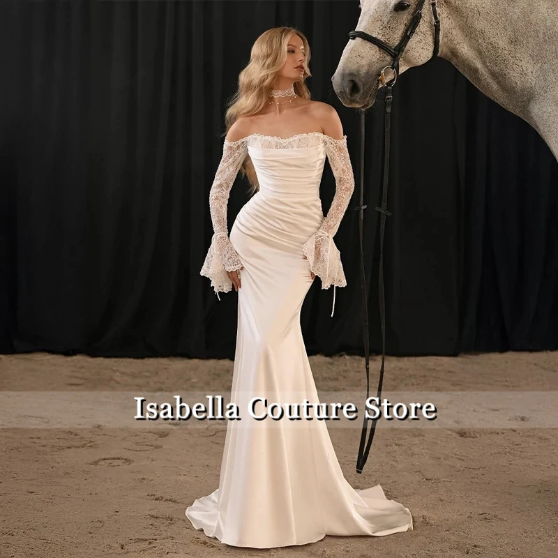 Customized Vintage-Inspired Off-Shoulder Lace Sleeve Bridal Dress Satin Ruched Mermaid Wedding Gown for Elegant Brides
